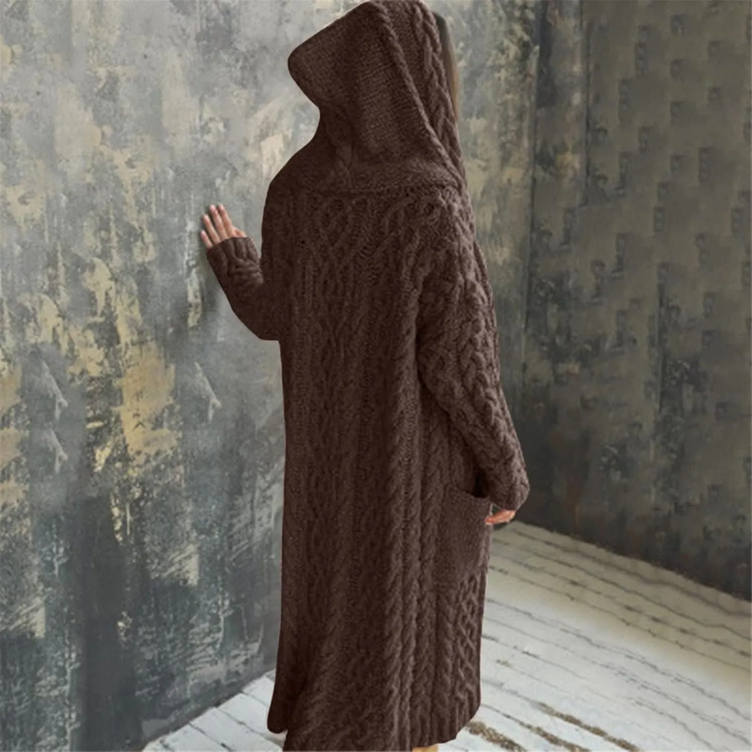Womens Cardigan Long Sweaters Chunky Twists Cable Knitted Coats Open Front Hooded Outwear 2023 Trendy Warm Sweater