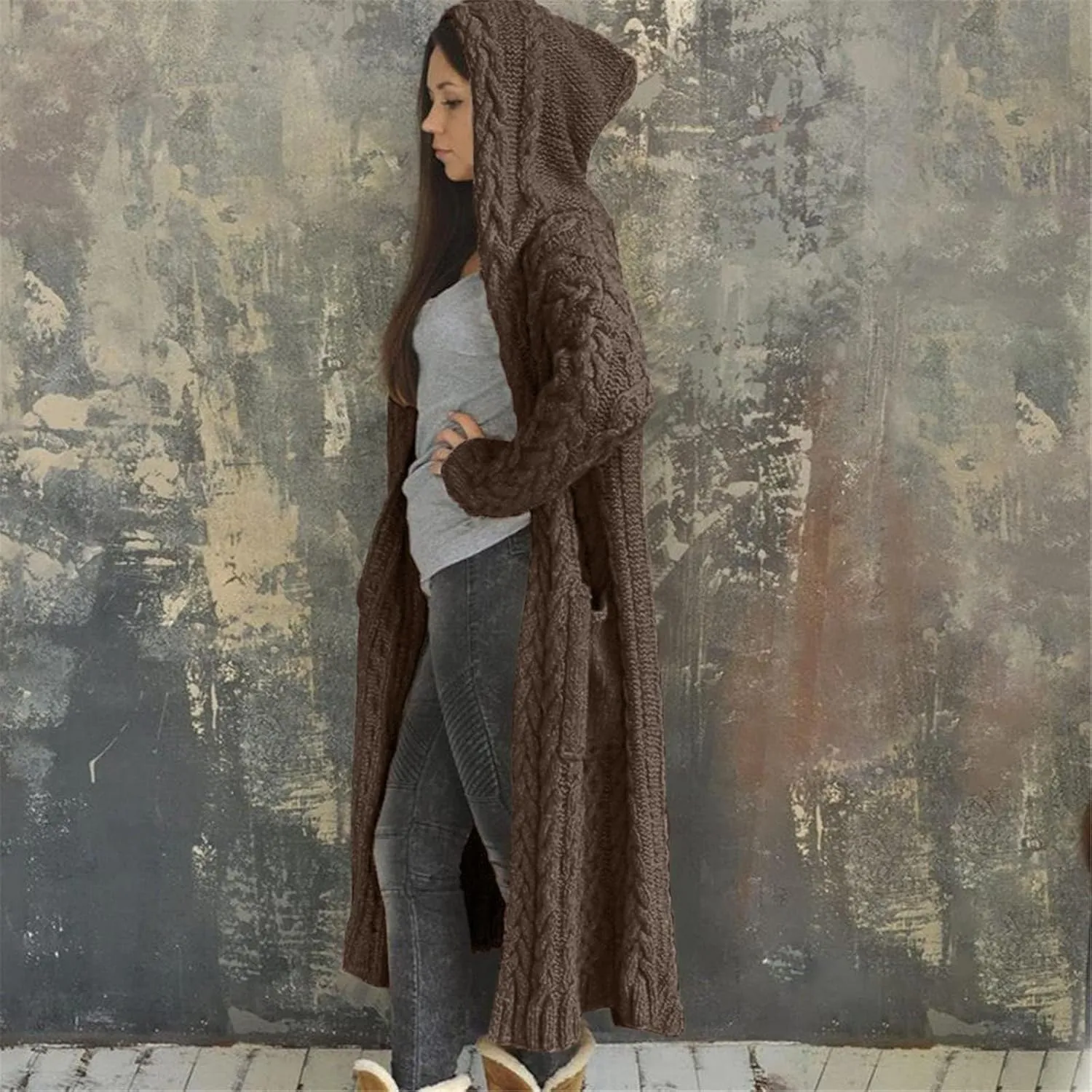 Womens Cardigan Long Sweaters Chunky Twists Cable Knitted Coats Open Front Hooded Outwear 2023 Trendy Warm Sweater