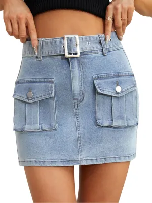 Women's Cargo Skirt Mini Cargo Skirts for Women Denim Skirt with Belt and Pocket