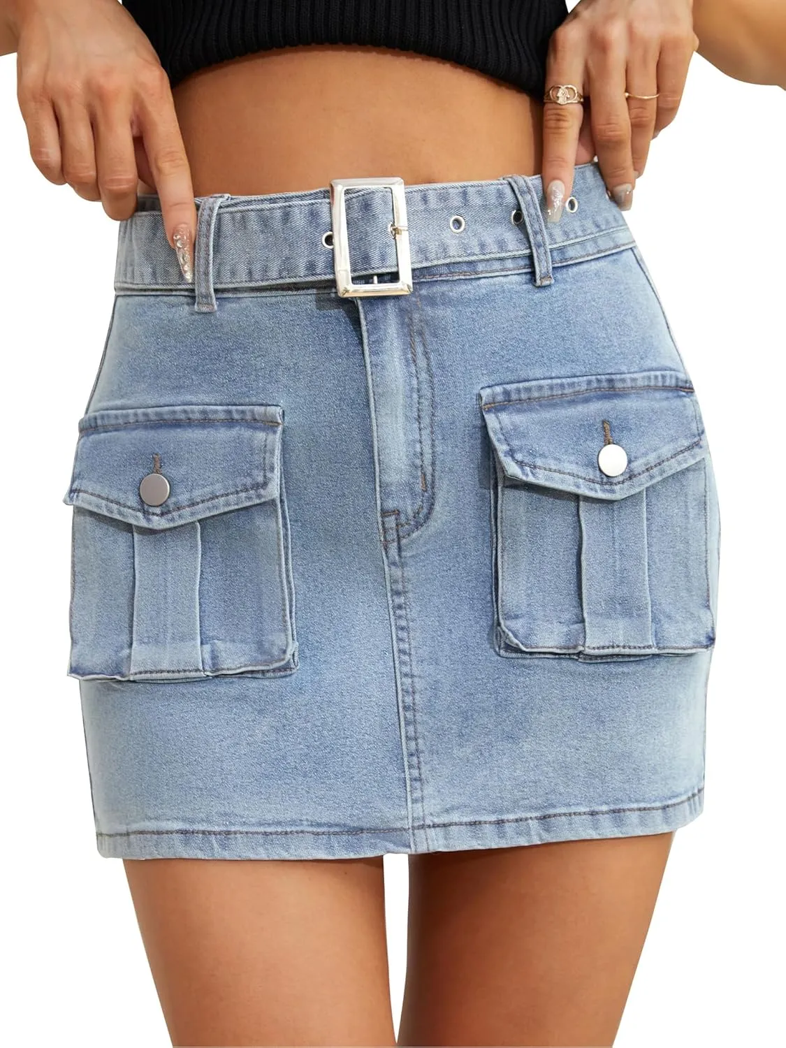 Women's Cargo Skirt Mini Cargo Skirts for Women Denim Skirt with Belt and Pocket