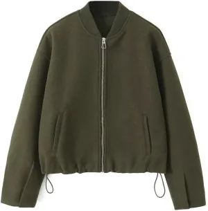 Women's Casual Oversized Wool Blend Bomber Jacket Full Zip Up Long Sleeve Active Coat Warm Cozy Cropped Trench Coats