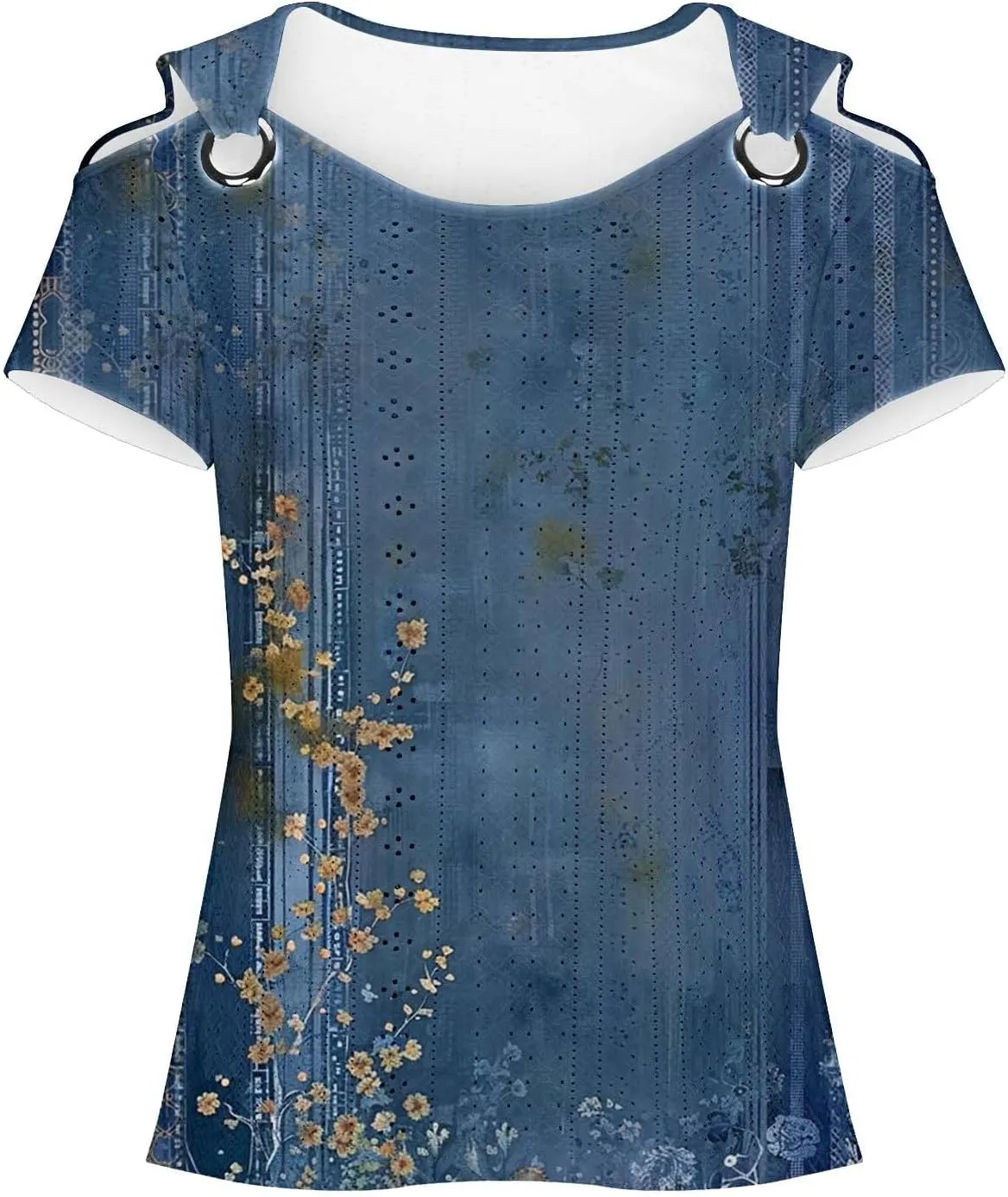 Womens Cold Shoulder Eyelet Tops V Neck Short Sleeve Floral Shirts Boho Summer Tshirt Casual Dressy Trendy Blouses