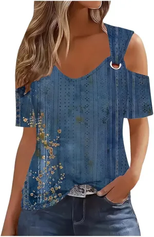 Womens Cold Shoulder Eyelet Tops V Neck Short Sleeve Floral Shirts Boho Summer Tshirt Casual Dressy Trendy Blouses