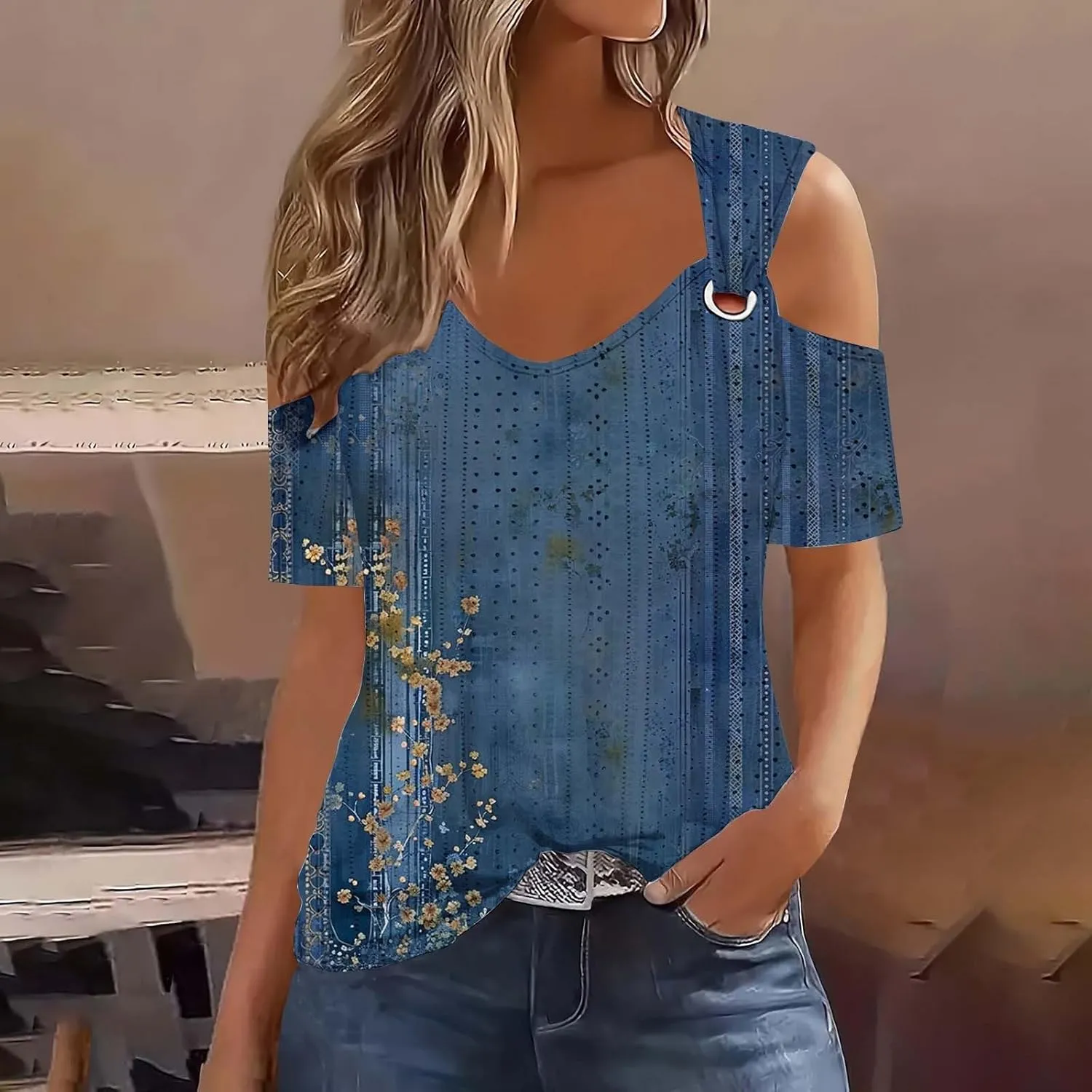 Womens Cold Shoulder Eyelet Tops V Neck Short Sleeve Floral Shirts Boho Summer Tshirt Casual Dressy Trendy Blouses