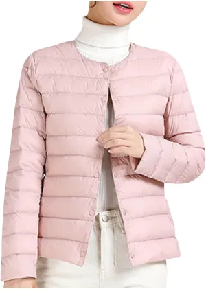 Women's Cotton Jacket Winter Warm Snow Coat Fashion Solid Color Long Sleeves Button Lightweight Down Jackets