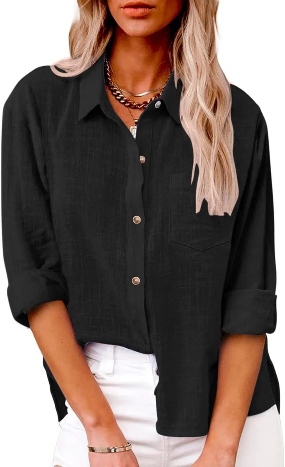 Womens Cotton Linen Button Down Shirts Long Sleeve Collared Gauze Blouses Business Casual Tshirts Loose Summer Tops