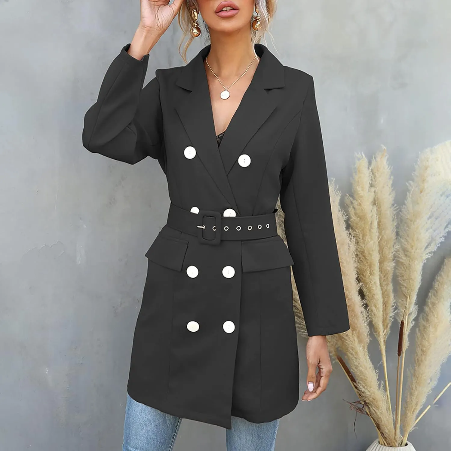 Women's Double Breasted Trench Coats Notched Lapel Belted Long Blazer Overcoat Elegant Business Casual Suit Jackets