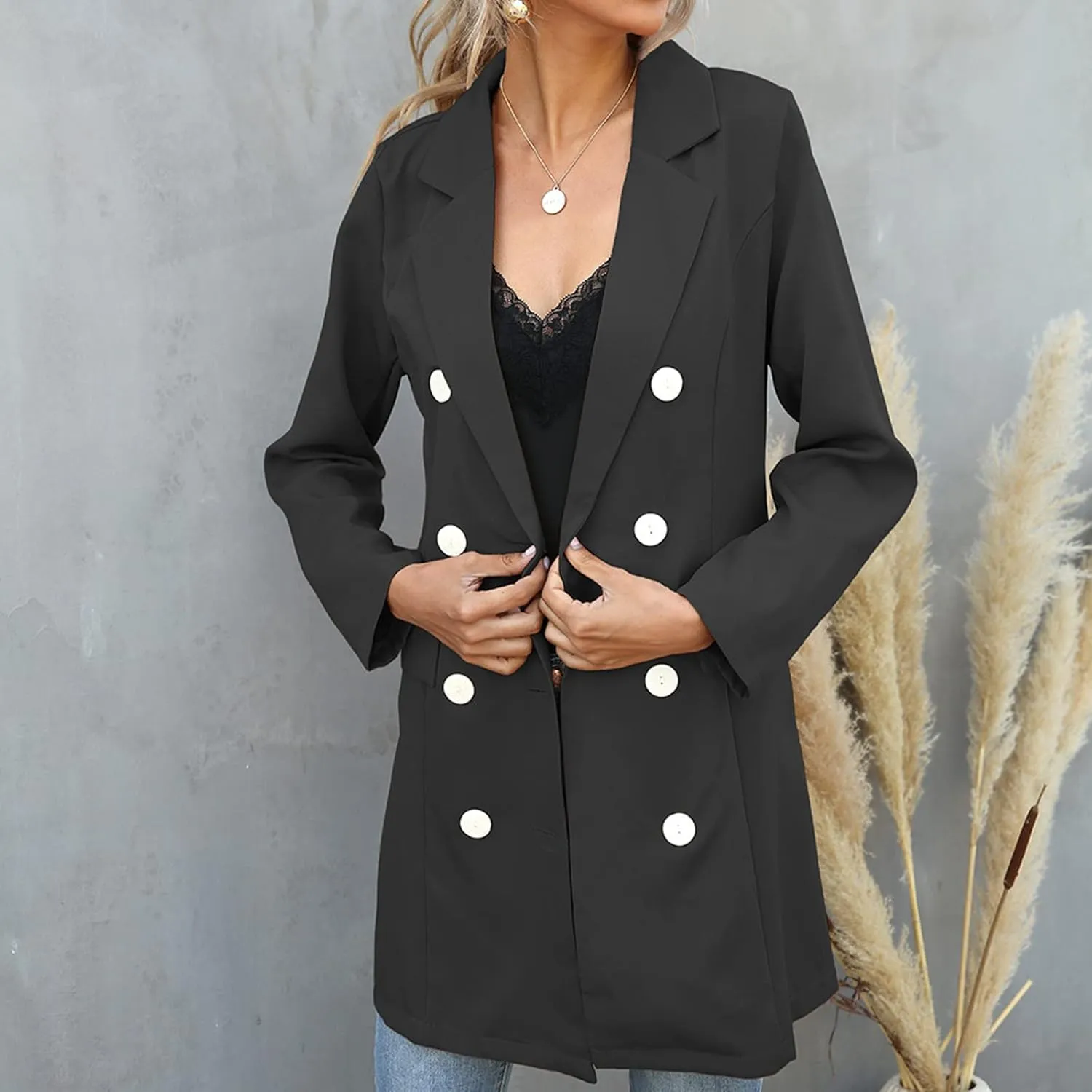 Women's Double Breasted Trench Coats Notched Lapel Belted Long Blazer Overcoat Elegant Business Casual Suit Jackets