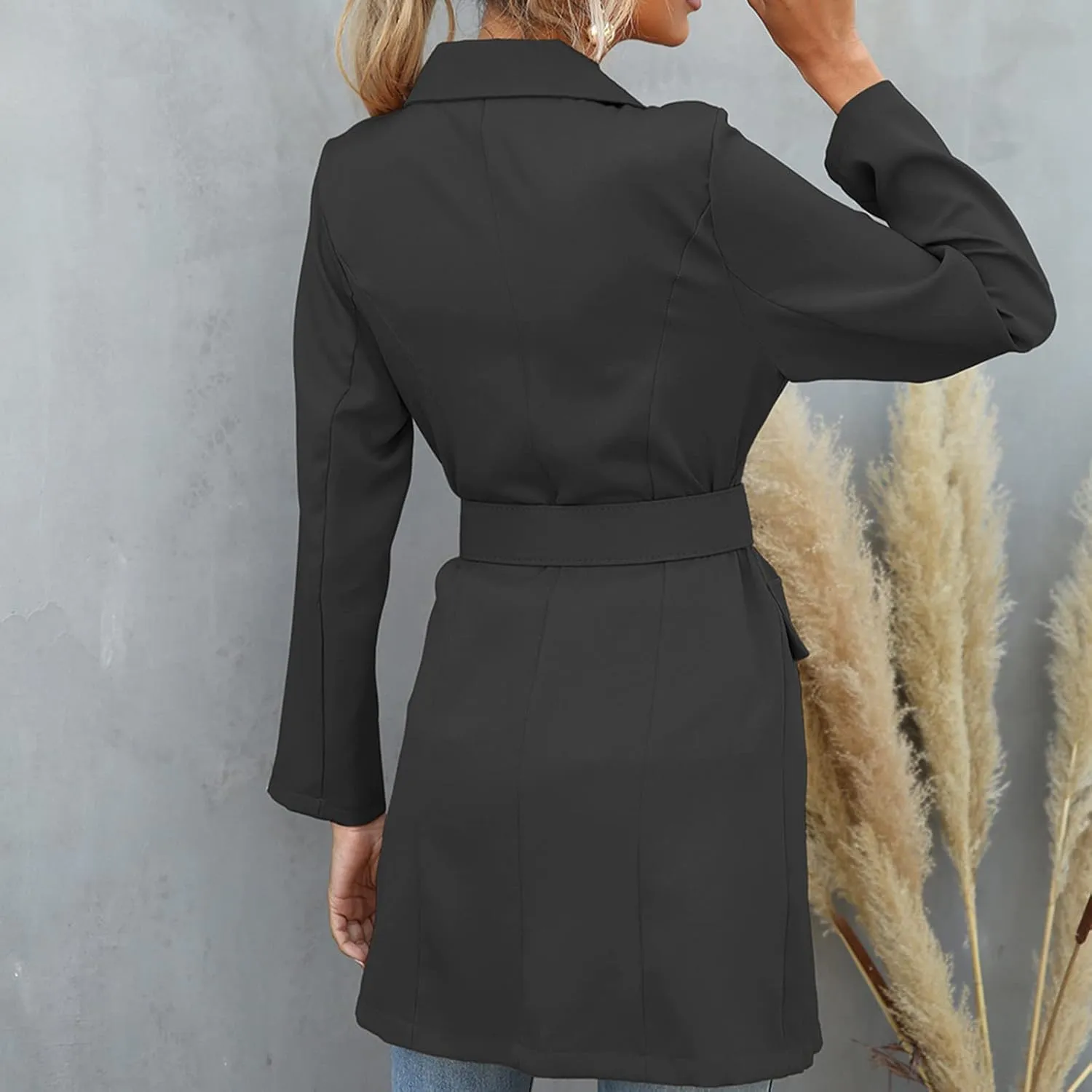 Women's Double Breasted Trench Coats Notched Lapel Belted Long Blazer Overcoat Elegant Business Casual Suit Jackets