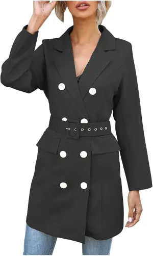 Women's Double Breasted Trench Coats Notched Lapel Belted Long Blazer Overcoat Elegant Business Casual Suit Jackets