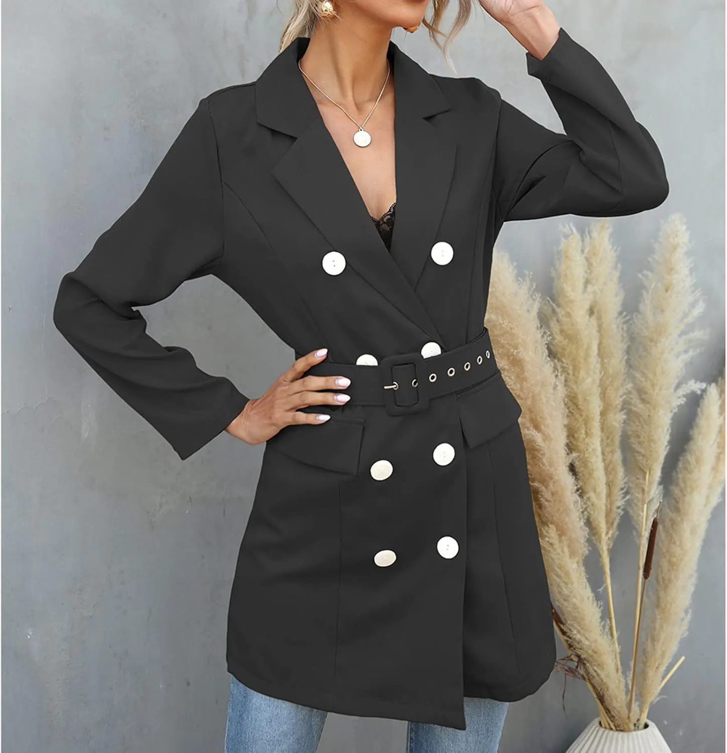 Women's Double Breasted Trench Coats Notched Lapel Belted Long Blazer Overcoat Elegant Business Casual Suit Jackets
