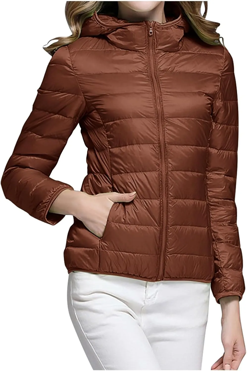 Women's Down Jacket Winter Warm Snow Coat Fashion Solid Color Long Sleeves Zipper Lightweight Cotton Parkas Jacket
