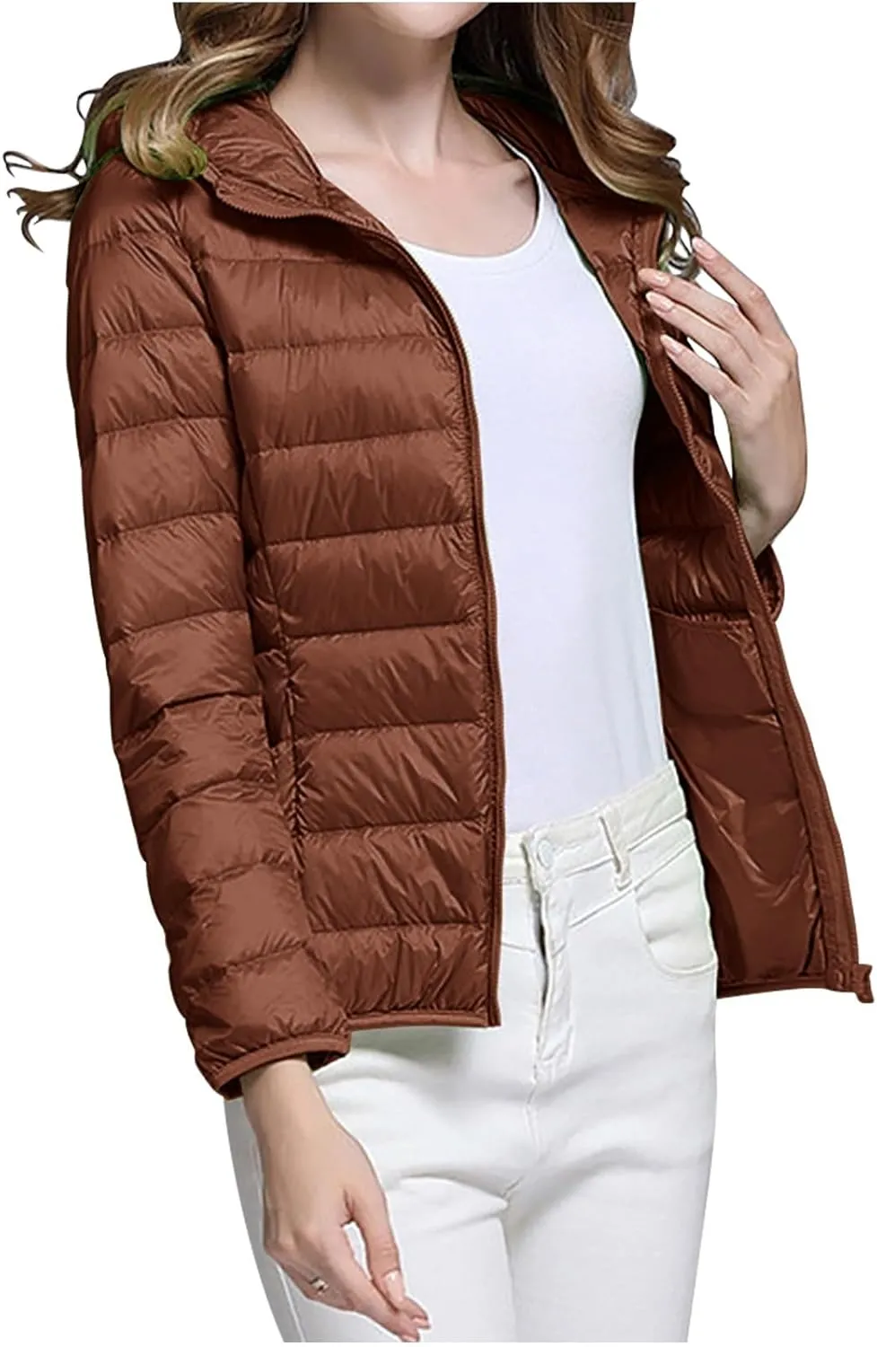 Women's Down Jacket Winter Warm Snow Coat Fashion Solid Color Long Sleeves Zipper Lightweight Cotton Parkas Jacket