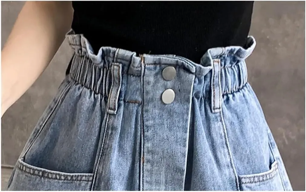 Women's Elastic High-Waisted Denim Shorts Loose Pants Skirt Casual A-Line Wide Leg Trouse