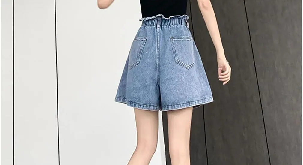 Women's Elastic High-Waisted Denim Shorts Loose Pants Skirt Casual A-Line Wide Leg Trouse