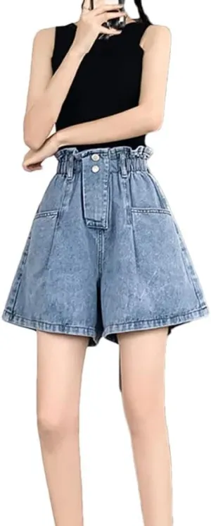 Women's Elastic High-Waisted Denim Shorts Loose Pants Skirt Casual A-Line Wide Leg Trouse