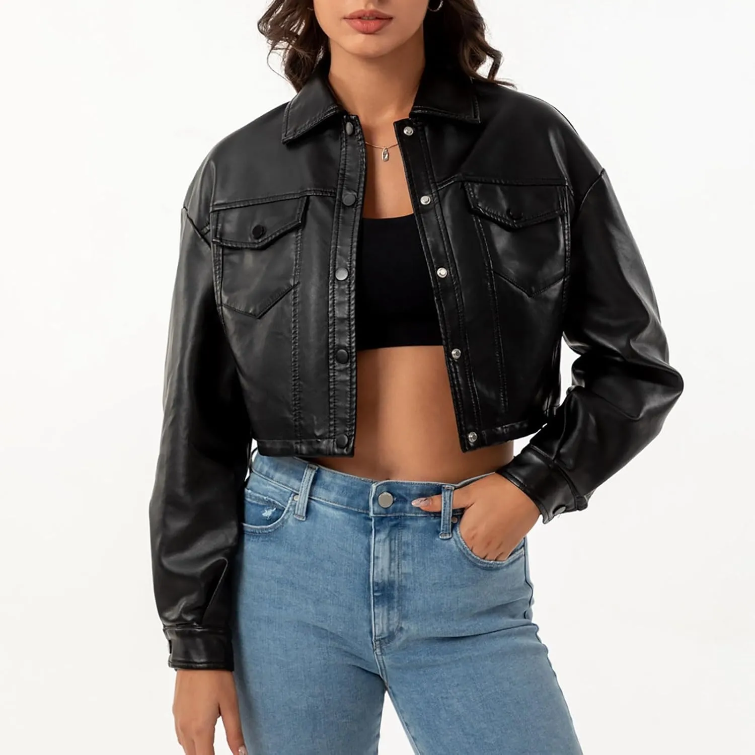 Women's Faux Leather Jacket Zip Up Cropped Bomber Jacket Moto Biker Motorcycle Jackets Fall Fashion Y2k Clothes 2024