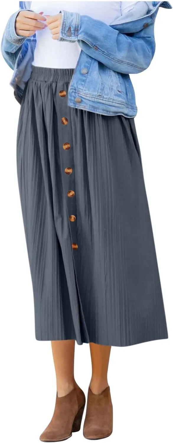 Women's Flowy Maxi Skirt 2025 Summer Pleated High Waisted Casual Long Skirts with Pockets Solid Color Button Dress