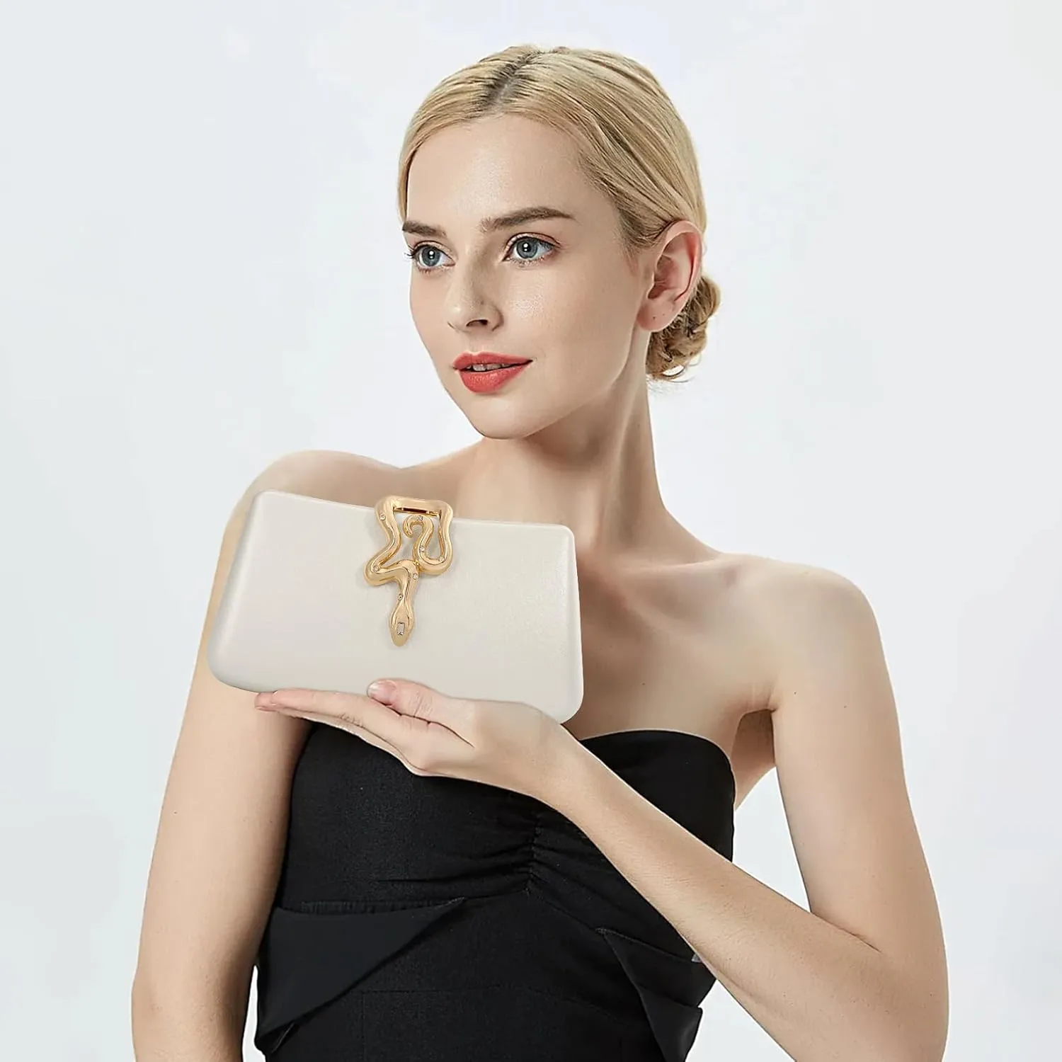 Women's Formal Evening Clutch Purse Synthetic Leather with Snake Clasp, Detachable Strap for Wedding, Prom, Party