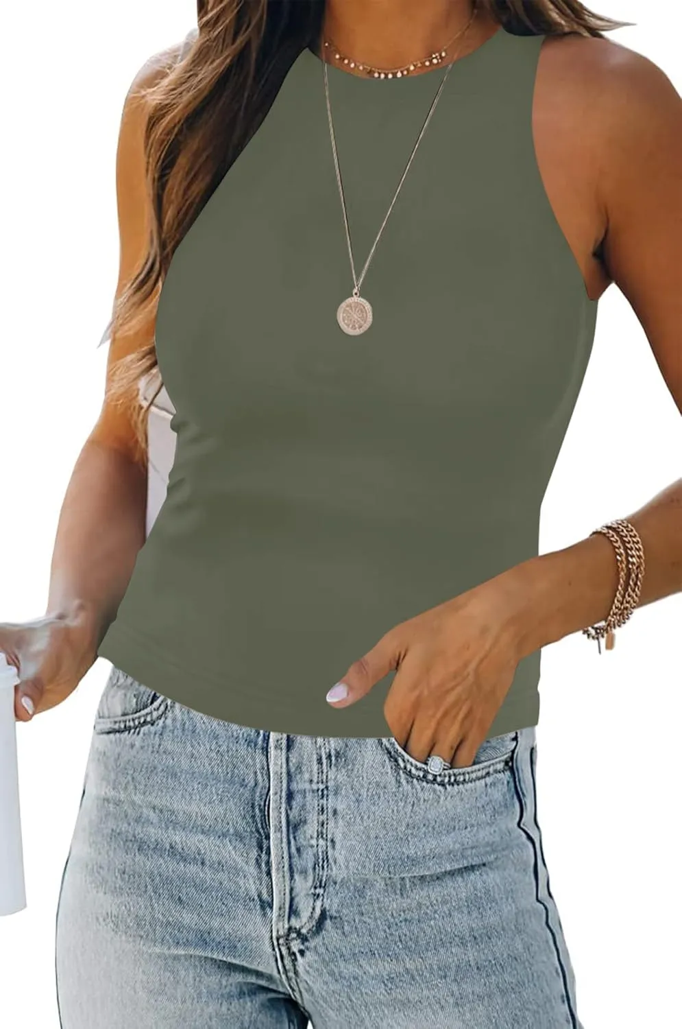 Womens Halter Tops Summer Sleeveless Shirts Sexy High Neck Fitted Tops Racer Back Tank Tops Blouses