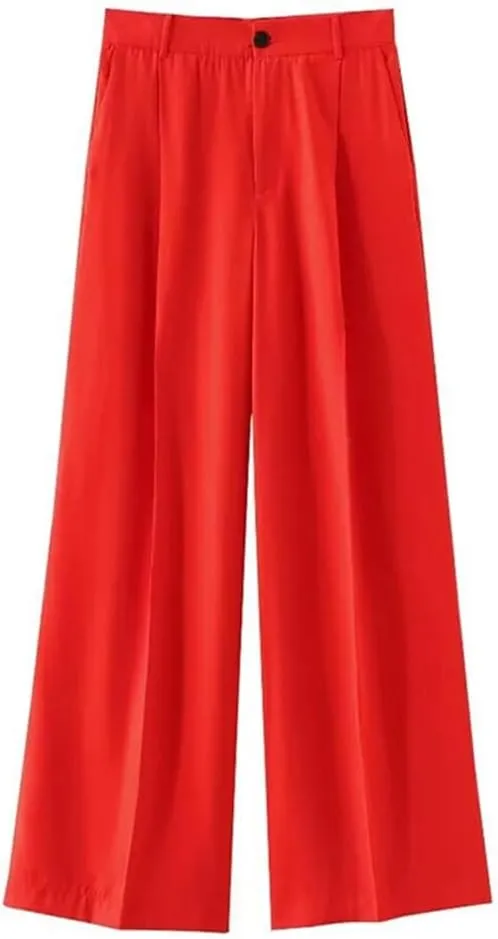 Women's High Waist Elastic Drawstring Wide-Leg Trousers Straight Casual Office Trousers