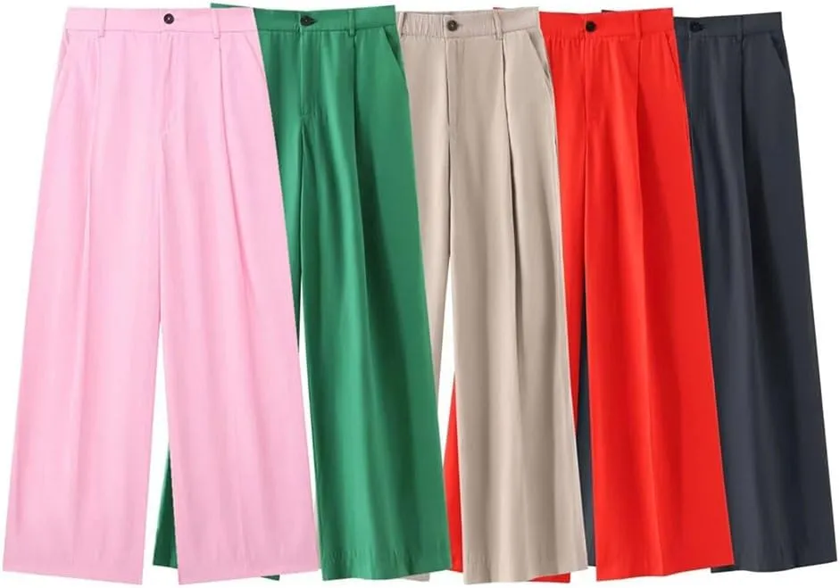 Women's High Waist Elastic Drawstring Wide-Leg Trousers Straight Casual Office Trousers