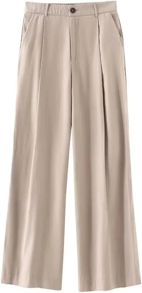 Women's High Waist Elastic Drawstring Wide-Leg Trousers Straight Casual Office Trousers