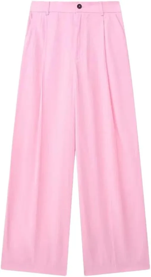 Women's High Waist Elastic Drawstring Wide-Leg Trousers Straight Casual Office Trousers
