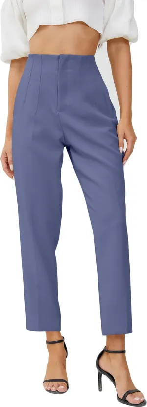 Women's High Waisted Business Trousers Straight Leg Pleated Office Slacks Pants