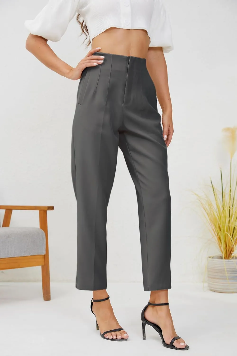 Women's High Waisted Business Trousers Straight Leg Pleated Office Slacks Pants