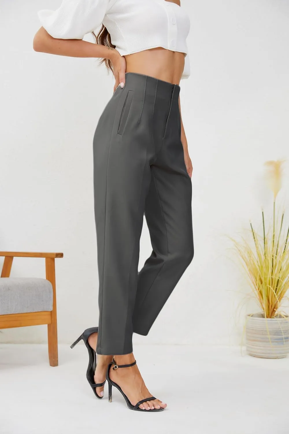 Women's High Waisted Business Trousers Straight Leg Pleated Office Slacks Pants