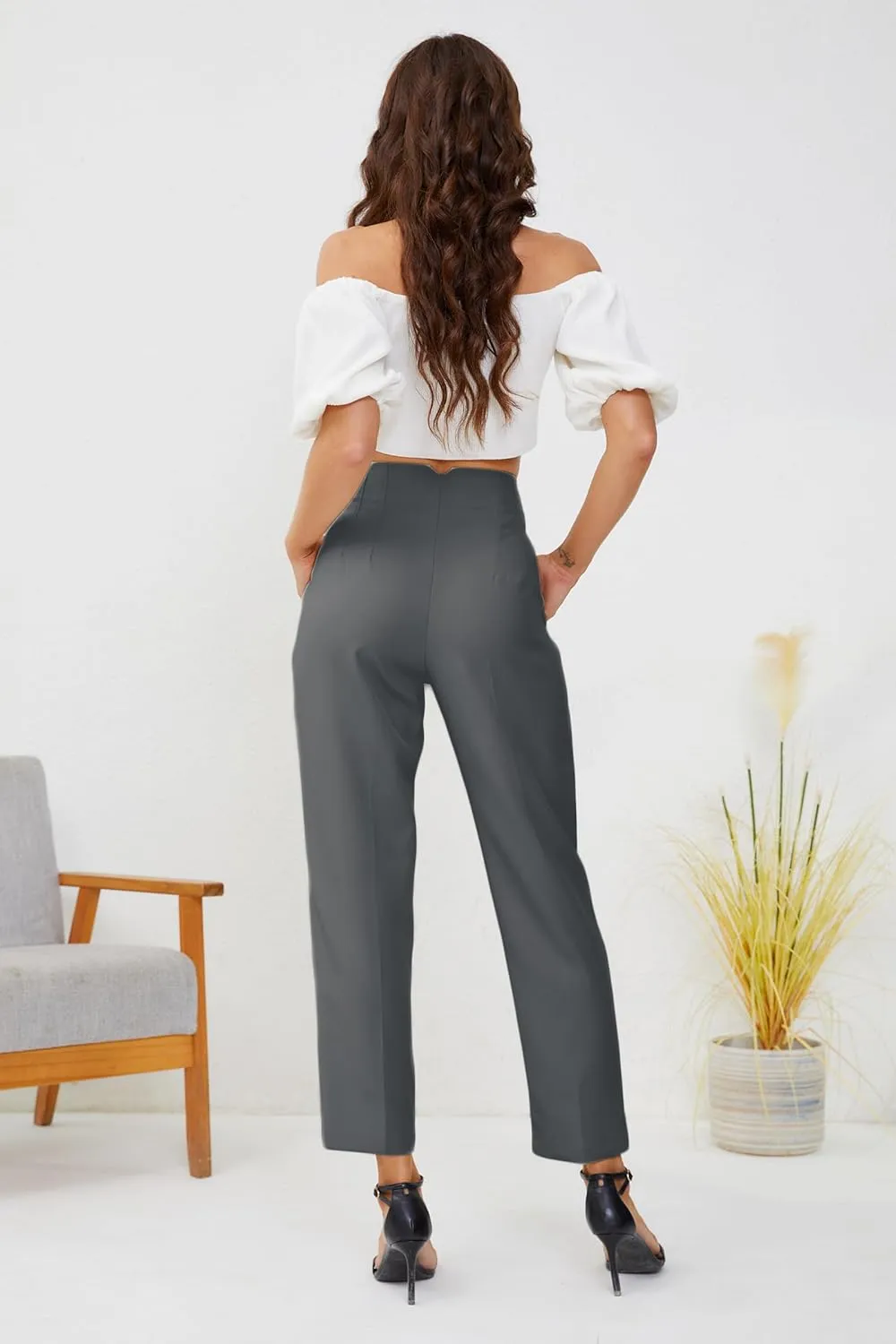 Women's High Waisted Business Trousers Straight Leg Pleated Office Slacks Pants