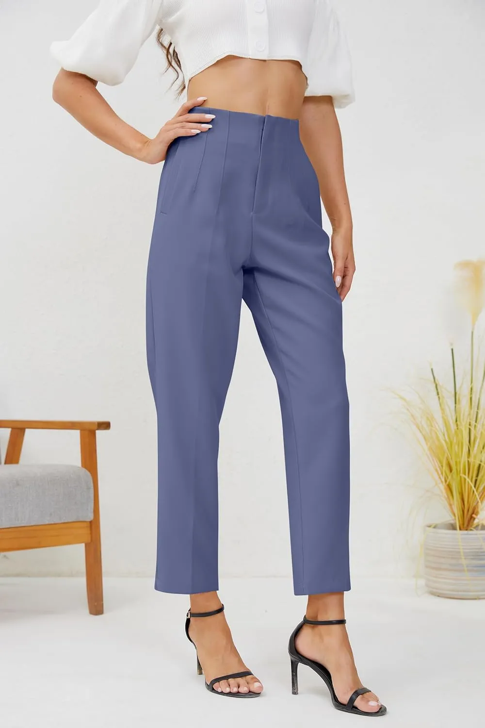 Women's High Waisted Business Trousers Straight Leg Pleated Office Slacks Pants