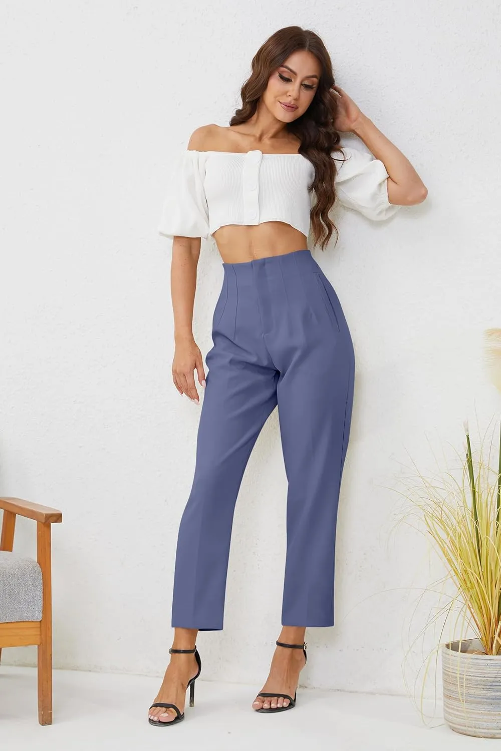 Women's High Waisted Business Trousers Straight Leg Pleated Office Slacks Pants