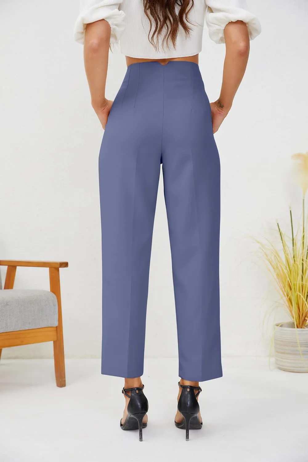 Women's High Waisted Business Trousers Straight Leg Pleated Office Slacks Pants