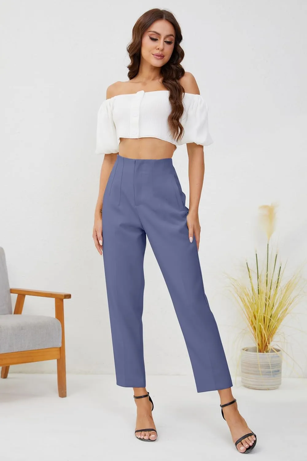 Women's High Waisted Business Trousers Straight Leg Pleated Office Slacks Pants