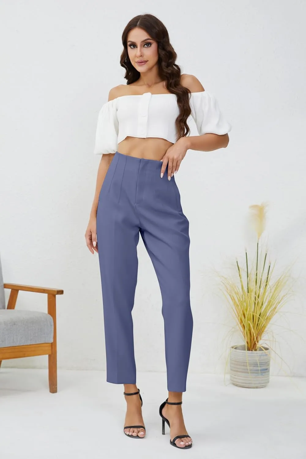 Women's High Waisted Business Trousers Straight Leg Pleated Office Slacks Pants