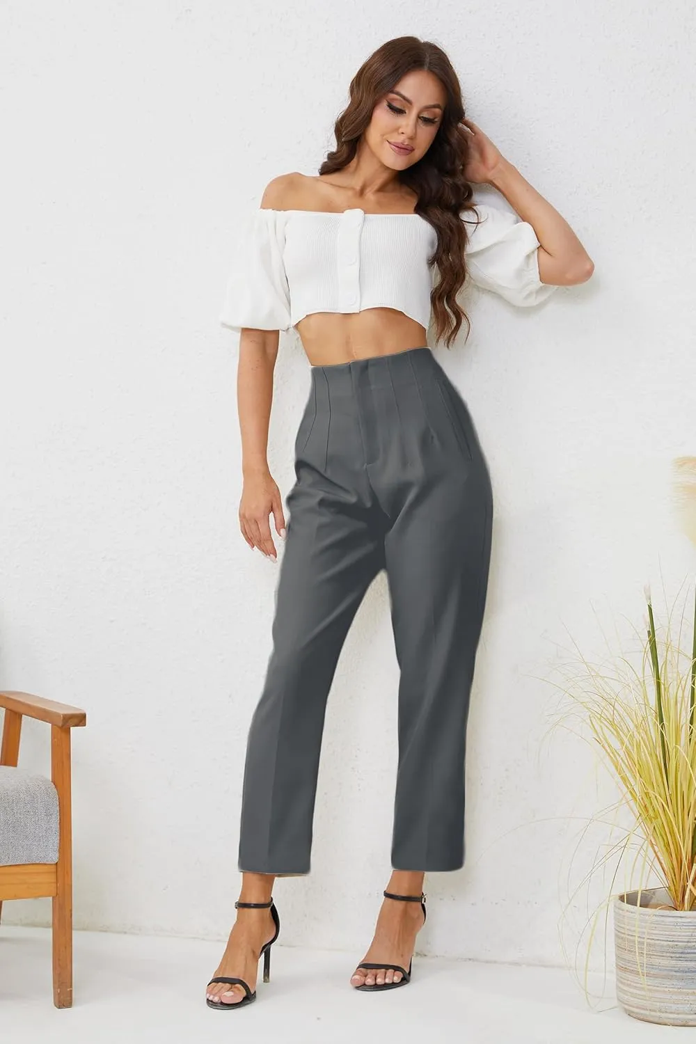 Women's High Waisted Business Trousers Straight Leg Pleated Office Slacks Pants