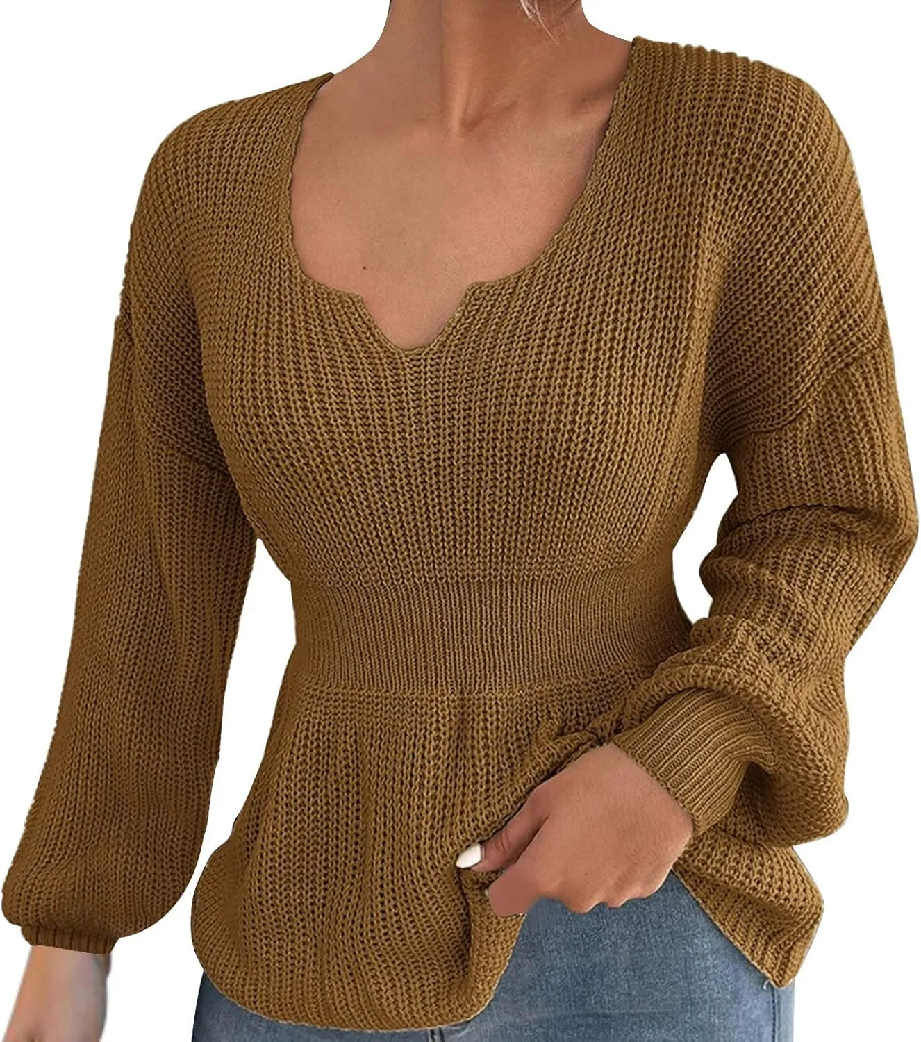 Womens Knit Sweater Deep V-Neck Chunky Knit Pullover Baggy Puff Long Sleeve Pullover Knit Balloon Long Sleeve