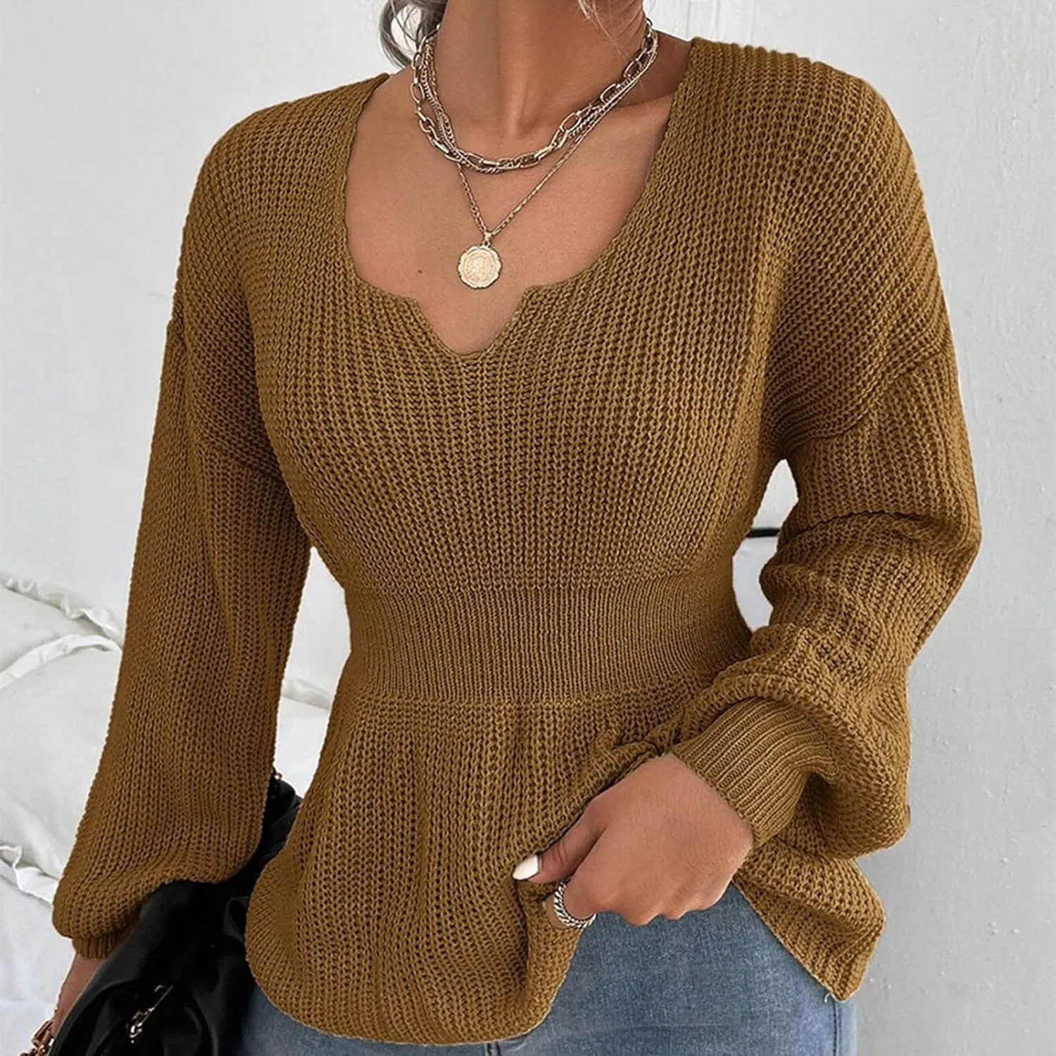 Womens Knit Sweater Deep V-Neck Chunky Knit Pullover Baggy Puff Long Sleeve Pullover Knit Balloon Long Sleeve