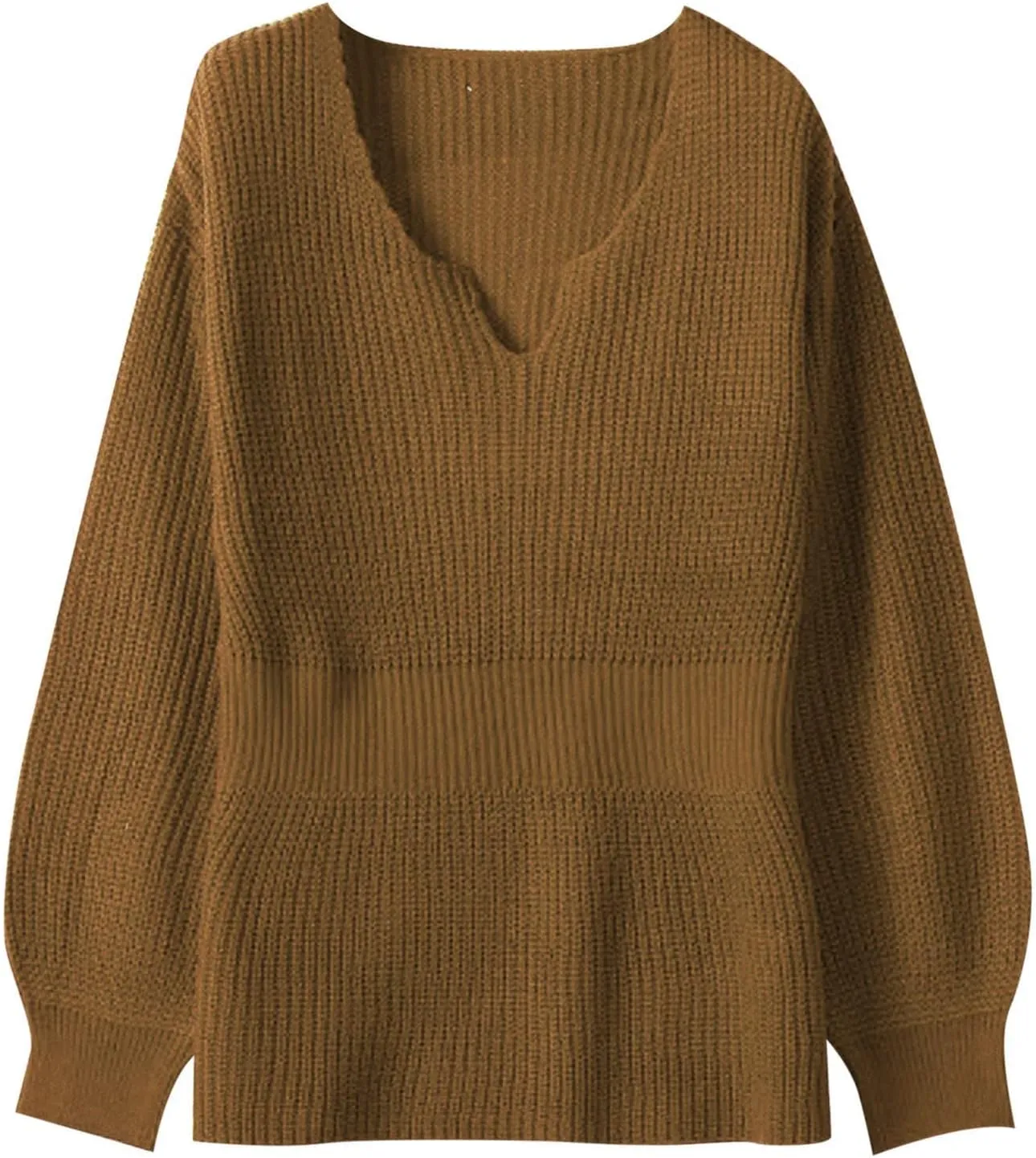 Womens Knit Sweater Deep V-Neck Chunky Knit Pullover Baggy Puff Long Sleeve Pullover Knit Balloon Long Sleeve