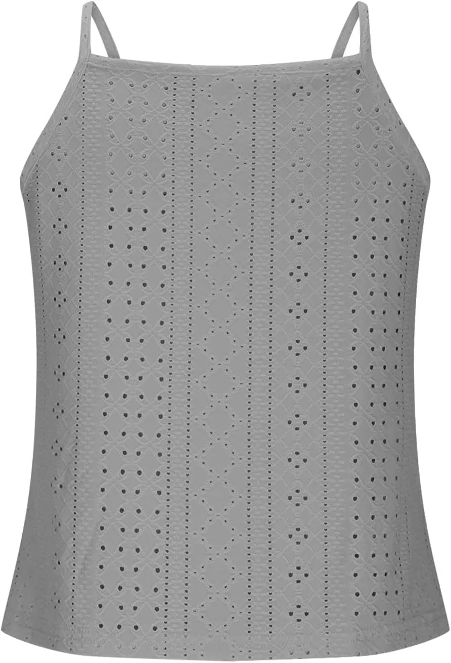 Womens Lace Eyelet Crop Tank Top Halter High Neck Sleeveless Casual Dressy Going Out Summer Tops Tees
