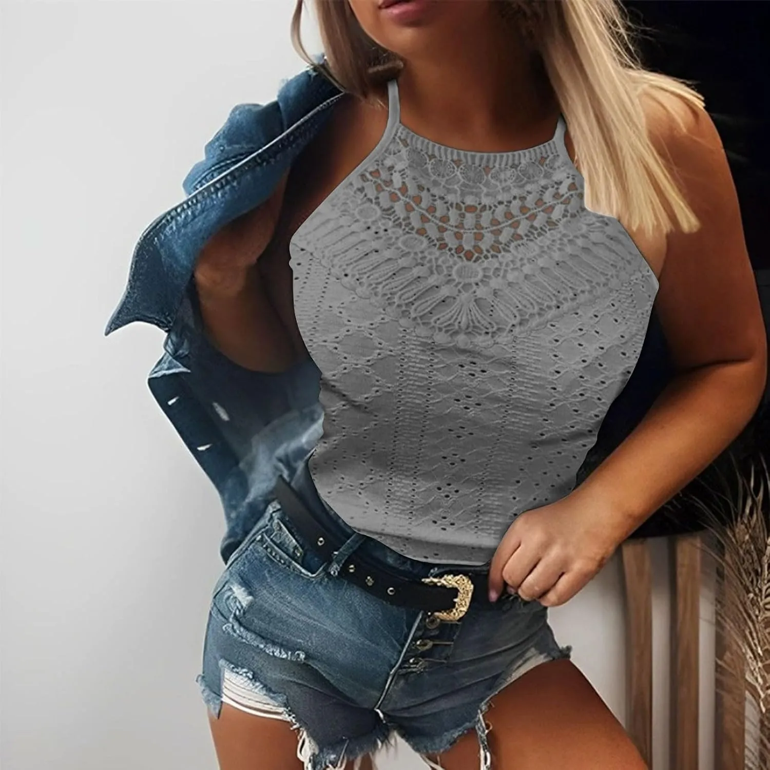 Womens Lace Eyelet Crop Tank Top Halter High Neck Sleeveless Casual Dressy Going Out Summer Tops Tees