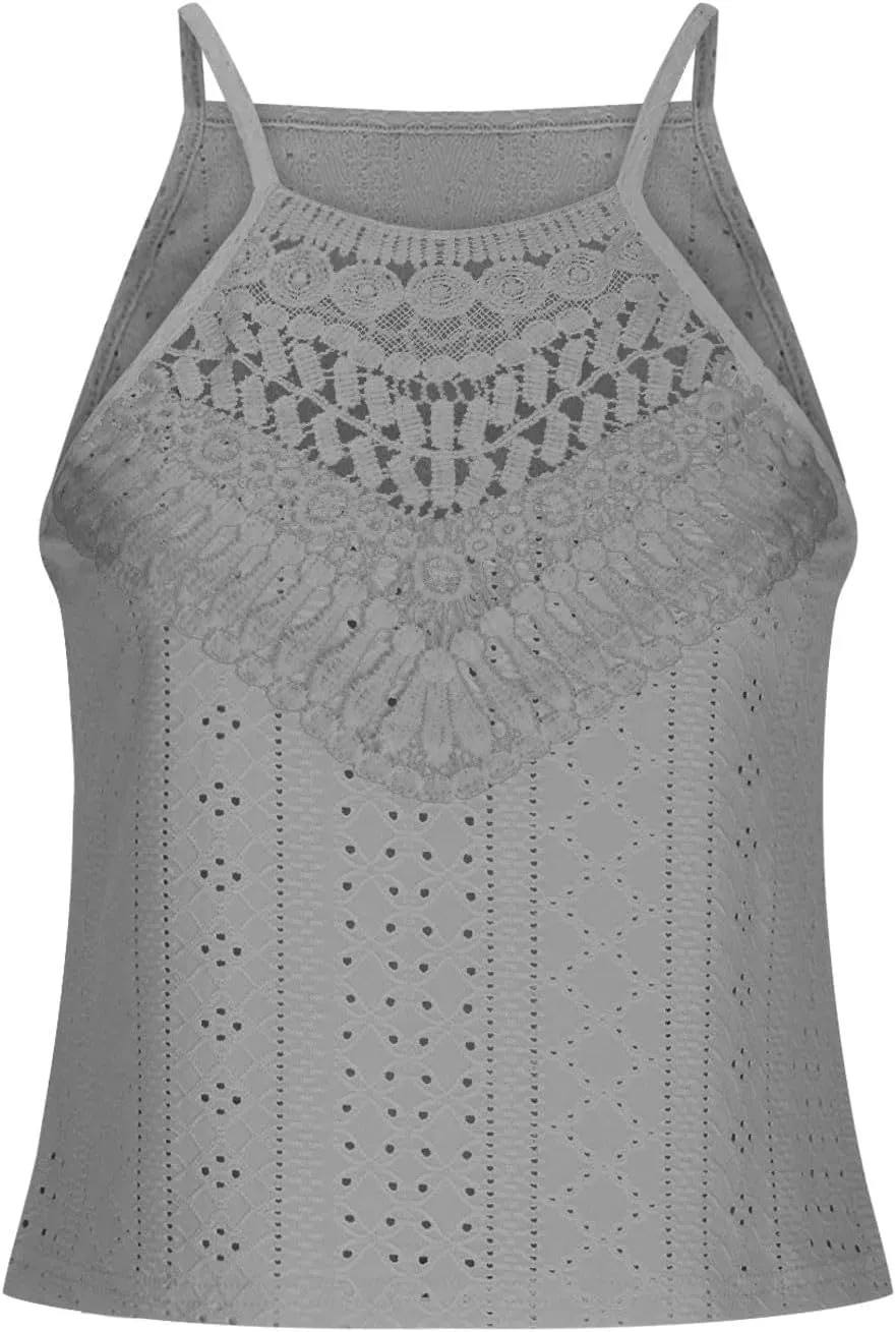 Womens Lace Eyelet Crop Tank Top Halter High Neck Sleeveless Casual Dressy Going Out Summer Tops Tees