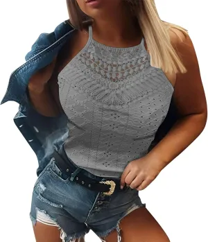 Womens Lace Eyelet Crop Tank Top Halter High Neck Sleeveless Casual Dressy Going Out Summer Tops Tees