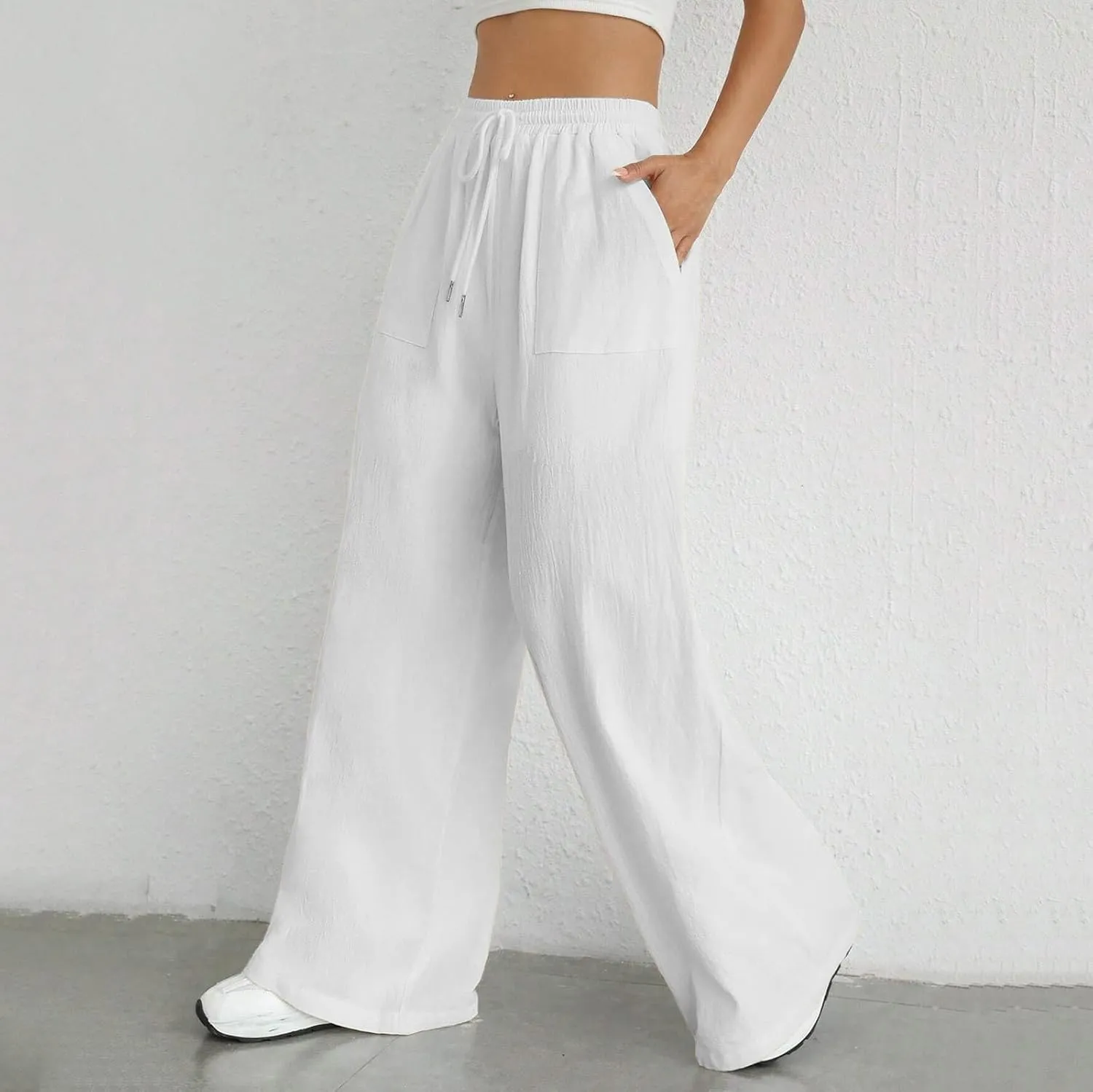 Women's Linen Blend Summer Print Pant Trousers High Waist Stretchy Plus Size Trousers Trendy