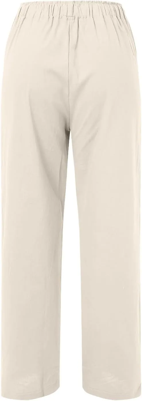 Womens Linen Blend Summer Printed Pants High Waist Ankle Length Plus Size Trouser Business Work