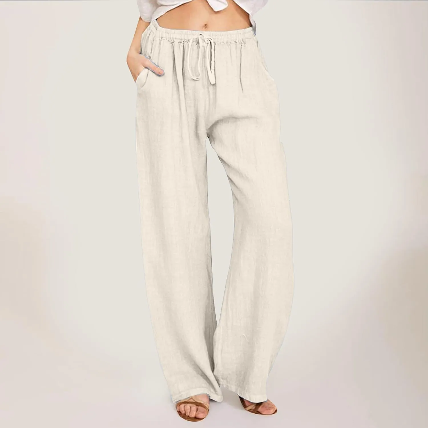 Womens Linen Blend Summer Printed Pants High Waist Ankle Length Plus Size Trouser Business Work