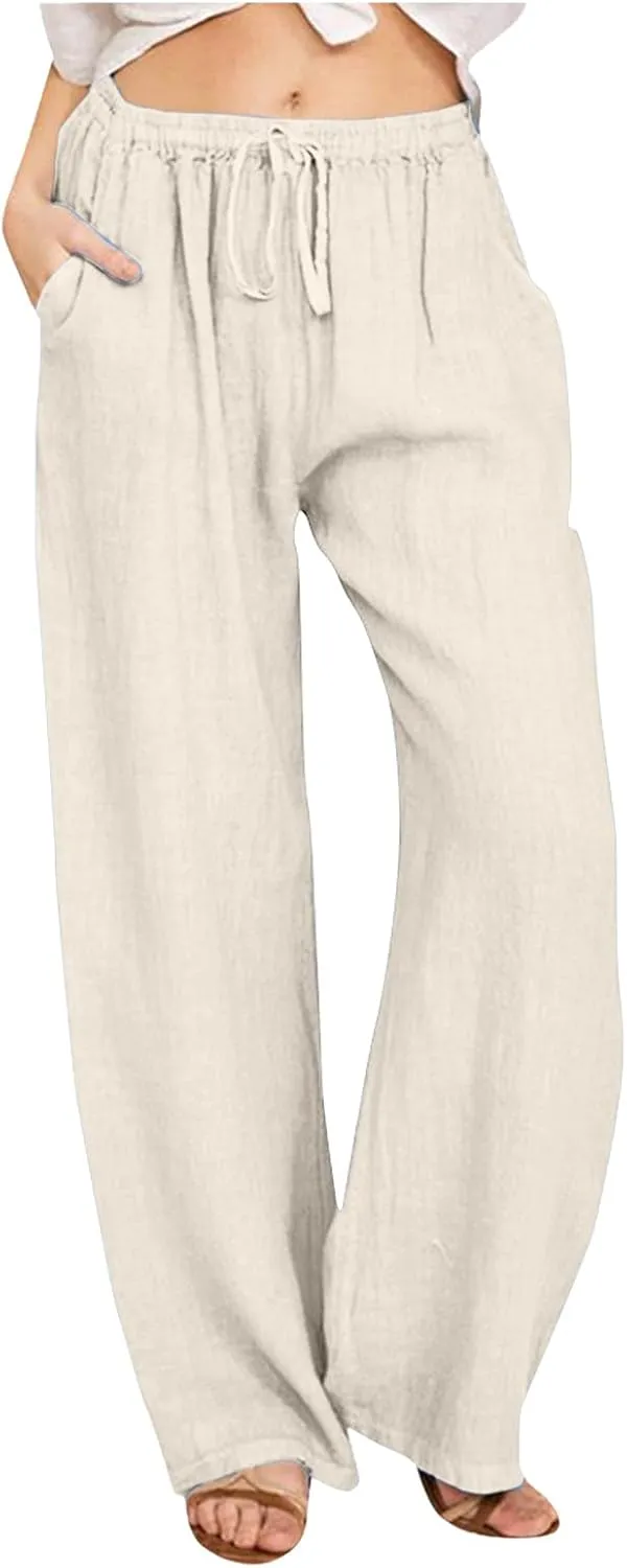 Womens Linen Blend Summer Printed Pants High Waist Ankle Length Plus Size Trouser Business Work