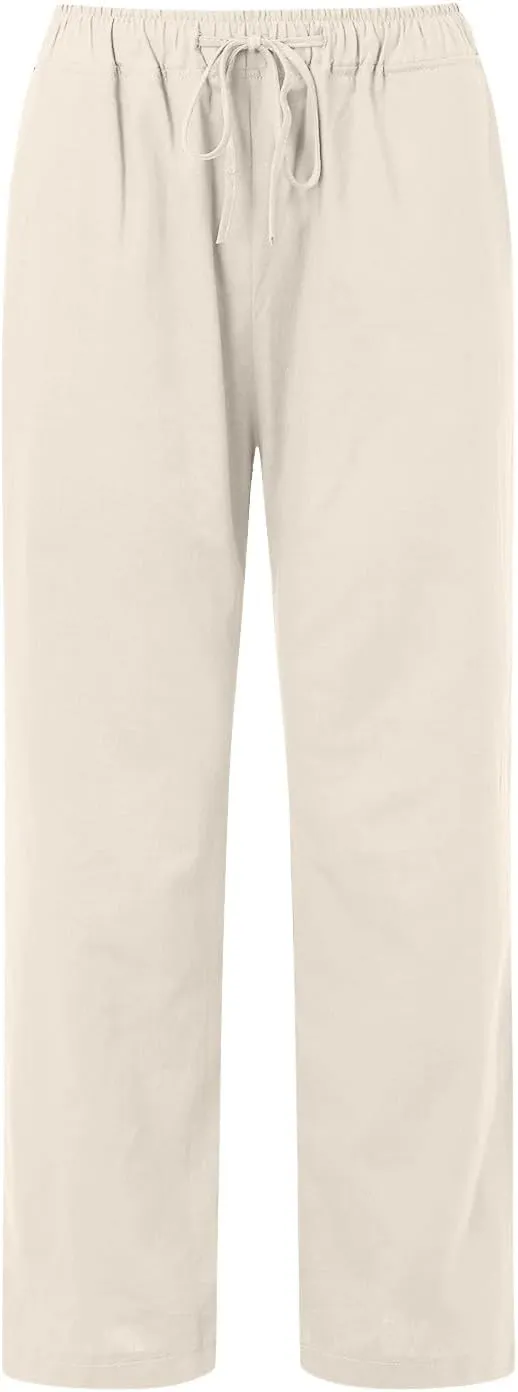 Womens Linen Blend Summer Printed Pants High Waist Ankle Length Plus Size Trouser Business Work